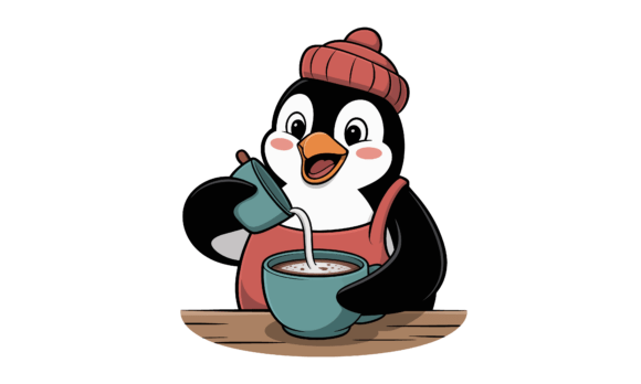 Penguin Barista Pouring Coffee into Mug